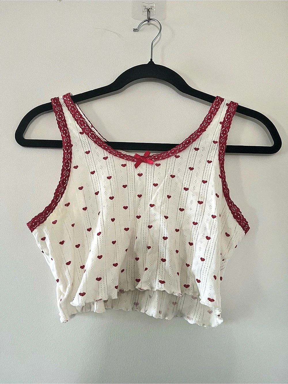 Red White 100% Cotton Pointelle Heart Cropped Lace Tank Top Medium Coquette
